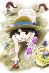 1girl beach black_hair bucket dildo hat loli looking_at_viewer monster original sand sex_toy short_twintails sun_hat tentacles top-down_bottom-up twintails wancho water rating:Questionable score:40 user:huzzaman