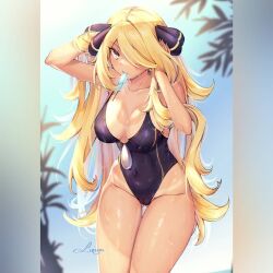  1girl alternate_costume artist_request blonde_hair blue_sky breasts competition_swimsuit creatures_(company) cynthia_(pokemon) food food_in_mouth game_freak large_breasts long_hair nintendo one-piece_swimsuit one_eye_covered pokemon pokemon_dppt popsicle popsicle_in_mouth sky swimsuit wet yellow_eyes  rating:Sensitive score:8 user:Miyuki_Lust
