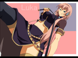  1girl :q armband artist_request asymmetrical_sleeves belt black_detached_sleeves black_skirt black_thighhighs blue_eyes blue_gemstone blush breasts brooch character_name female_focus gem headphones holding jewelry large_breasts leg_up legs long_hair long_skirt megurine_luka midriff multiple_belts pink_hair side_slit single_sleeve skirt smile solo spread_legs thighhighs tongue tongue_out turtleneck uneven_sleeves vocaloid whip  rating:Sensitive score:15 user:laneduce