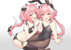 1boy absurdres alternate_costume animal_ears ass astolfo_(fate) astolfo_(saber)_(fate) bare_shoulders black_bow black_legwear black_skirt blush bow braid butt_crack cat_cutout cat_ears cat_tail clothing_cutout commentary_request detached_collar fake_animal_ears fang fate/apocrypha fate/grand_order fate_(series) fishnet_legwear fishnets hair_bow hair_intakes hair_ribbon highres jtleeklm leotard long_braid long_hair looking_at_viewer male_focus male_playboy_bunny meme_attire multicolored_hair multiple_views open_mouth pantyhose pink_hair playboy_bunny purple_eyes rabbit_ears ribbon simple_background single_braid skirt smile streaked_hair swimsuit tail thighhighs trap white_background white_hair rating:Sensitive score:50 user:danbooru
