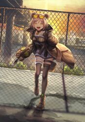 1girl :d absurdres black_coat black_gloves blush breasts bridge building bullpup chain-link_fence choker cityscape closed_eyes cloud coat commentary_request double_bun dress dutch_angle eyewear_on_head facing_viewer fence full_body gas_mask girls&#039;_frontline gloves gun hair_bun hair_ornament highres jacket leaning_forward load_bearing_equipment magazine_(weapon) mask medium_breasts open_clothes open_coat open_mouth orange_sky outdoors p90 p90_(girls&#039;_frontline) partially_fingerless_gloves pouch revision scenery sidelocks sky smile solo standing standing_on_one_leg submachine_gun sunglasses sunset thigh_strap thighhighs tinted_eyewear tree vikpie weapon white_dress