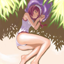 00s 1girl artist_request barefoot beach casual_one-piece_swimsuit day closed_eyes fetal_position frilled_swimsuit frills hisui_(tsukihime) leaf lying maid_headdress on_side one-piece_swimsuit outdoors pillow pink_hair ribbon sand shade short_hair sleeping solo swimsuit tree_shade tsukihime wrist_ribbon wristband rating:Questionable score:7 user:danbooru