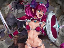  1boy 1girl abs armor back-to-back battle bikini bikini_armor blue_eyes breasts brooch choker crossover elbow_gloves elizabeth_bathory_(brave)_(fate) elizabeth_bathory_(fate) fang fate/grand_order fate_(series) gem gloves glowing glowing_eyes goblin goblin_slayer goblin_slayer! hair_ornament helmet highres holding holding_shield holding_sword holding_weapon horns jewelry navel open_mouth pink_bikini pink_gloves pink_hair red_armor red_bikini red_eyes revealing_clothes shield sidelocks silvamaria small_breasts smile swimsuit sword tiara toned weapon  rating:Sensitive score:42 user:danbooru
