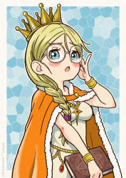  1girl :o absurdres adjusting_eyewear blonde_hair blue_eyes blush border breasts cape cleavage commentary_request crown dragon_quest dragon_quest_xi dress fur-trimmed_cape fur_trim fushicho glasses highres huge_filesize long_hair looking_at_viewer orange_cape queen_frysabel round_eyewear shaaru_(dq11) small_breasts solo twitter_username white_border white_dress  rating:Sensitive score:8 user:danbooru