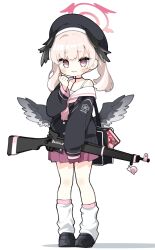  1girl @_@ baggy_socks beret black_bag black_footwear black_shirt black_wings blue_archive blush bolt_action book chibi closed_mouth commentary content_rating feathered_wings gun halo hat head_wings highres holding holding_weapon koharu_(blue_archive) konori_(ahurerukuiizi) long_sleeves looking_at_viewer low_wings miniskirt neckerchief p14_enfield pink_eyes pink_hair pink_halo pink_neckerchief pleated_skirt puffy_long_sleeves puffy_sleeves red_skirt rifle sailor_collar shirt simple_background single_bare_shoulder skirt socks solo spaghetti_strap standing symbol-only_commentary twintails weapon white_background white_sailor_collar white_socks winged_halo wings 