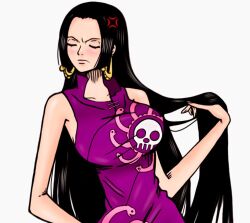  1girl anger_vein blush boa_hancock breasts closed_eyes closed_mouth dress earrings hair_flip highres kuja_pirates_jolly_roger large_breasts long_hair one_piece purple_dress rocckart snake_earrings solo very_long_hair 