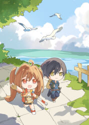  1boy 1girl :d absurdres ahoge bird black_hair blue_sky chibi chibi_only cloud commentary_request eiyuu_densetsu estelle_bright hair_intakes highres holding holding_staff joshua_bright open_mouth orange_hair outdoors red_eyes river s071c4evkc56194 seagull short_hair sky smile sora_no_kiseki staff twintails walking yellow_eyes 
