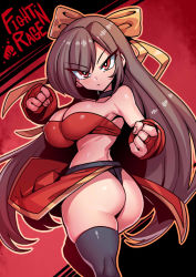  1girl angry ass banner bare_back bare_shoulders black_panties black_thighhighs blush bra breasts brown_hair butt_crack choker cleavage covered_erect_nipples determined female_focus fight&#039;n_rage fighting_stance g-string gal_(fight&#039;n_rage) gloves gyaru hair_between_eyes highres huge_ass large_breasts long_hair looking_at_viewer midriff outline panties pelvic_curtain red_background red_eyes red_gloves revealing_clothes ribbon solo strapless strapless_bra thighhighs thong tukiwani twisted_torso underwear wide_hips yellow_ribbon  rating:Questionable score:57 user:QuietWalker