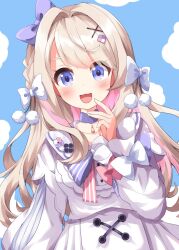 1girl :3 blue_background blush bow breasts choker collarbone colored_inner_hair diamond_(shape) diamond_hair_ornament dress frilled_dress frills hair_bow hair_intakes hair_ornament hairclip highres indie_virtual_youtuber light_brown_hair long_hair long_sleeves looking_at_viewer medium_breasts multicolored_hair open_mouth pendant_choker pink_bow pink_hair pink_ribbon pom_pom_(clothes) purple_bow purple_choker purple_eyes purple_ribbon ribbon ruu_(tksymkw) sleeves_past_wrists smile solo striped_ribbon swept_bangs virtual_youtuber watagashi_unou white_bow white_dress wrist_bow x x_hair_ornament