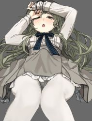  1boy :o arm_up arms_up bandaged_arm bandages blush bow bowtie bulge center_frills chestnut_mouth commentary_request covered_erect_nipples crossdressing dress erection erection_under_clothes frills green_eyes green_hair grey_background hair_between_eyes half-closed_eyes light_blush long_hair long_sleeves looking_at_viewer lying male_focus on_back open_mouth panties panties_under_pantyhose pantyhose pinocchio_(sinoalice) ribbon shirt shota simple_background sinoalice skirt solo sunaba_(nczd5875) suspender_skirt suspenders thighs trap underwear white_pantyhose white_shirt  rating:Questionable score:197 user:danbooru
