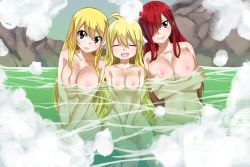  bath blonde_hair blush breasts brown_eyes cleavage erza_scarlet fairy_tail highres large_breasts long_hair lucy_heartfilia mavis_vermilion navel nipples nude planeptune red_hair smile steam water  rating:Questionable score:78 user:Sonoto
