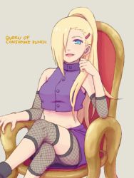  1girl :d bare_shoulders blonde_hair blue_eyes chair earrings fishnets hair_ornament hair_over_one_eye hairclip jewelry crossed_legs long_hair looking_at_viewer midriff naruto naruto_(series) open_mouth ponytail sitting smile solo tegaki teramoto_kei throne very_long_hair yamanaka_ino  rating:Sensitive score:36 user:haminas