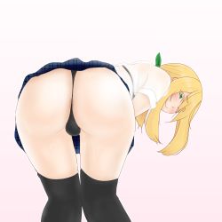 1boy ass bent_over blonde_hair blush bra bulge crossdressing from_behind green_eyes green_ribbon hair_ribbon huge_ass leaning leaning_forward long_hair looking_at_viewer male_focus mouse_(pixiv1399906) original ponytail ribbon school_uniform shiny_skin skirt smile solo sweat thighhighs thong trap underwear rating:Questionable score:47 user:armorcrystal