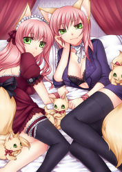  2girls animal_ears bed black_legwear bow bra breasts cat cleavage furry green_eyes highres lingerie lying maid multiple_girls pillow pink_hair short_hair tail underwear  rating:Questionable score:40 user:SilverSnow