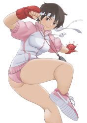 1girl ass breasts brown_eyes brown_hair buruma clenched_hand closed_mouth commentary_request fingerless_gloves gloves gym_uniform headband highres jacket kasugano_sakura leg_up lips medium_breasts pink_buruma red_gloves shigenobu shoes short_hair short_sleeves simple_background smile sneakers stopwatch stopwatch_around_neck street_fighter street_fighter_zero_(series) thighs track_jacket watch whistle whistle_around_neck white_background rating:Sensitive score:56 user:danbooru