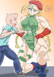  1boy 1girl abs age_difference ahoge beret blonde_hair blue_eyes boots braid breasts cammy_white capcom combat_boots covered_erect_nipples fingerless_gloves gloves hands_on_own_hips hat heart height_difference highres huge_ahoge large_breasts leotard light_smile long_hair muscular muscular_female on_one_knee punching scar skin_tight sorahachi_midoro spoken_heart stomach_punch street_fighter thong_leotard twin_braids  rating:Sensitive score:74 user:danbooru