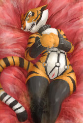  artist_request bdsm belt_collar black_thighhighs bondage bound chain collar colored_sclera furry gag highres kung_fu_panda looking_at_viewer lying on_back on_bed orange_eyes pussy sharp_teeth tail teeth thighhighs tiger tigress_(kung_fu_panda) uncensored yellow_sclera  rating:Explicit score:63 user:VoidLegion