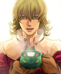  10s 1boy animal_cup barnaby_brooks_jr. cup emi_(penguin908) glasses green_eyes jacket looking_at_viewer male_focus milk red_jacket solo tiger_&amp;_bunny tiger_cup  rating:Sensitive score:3 user:danbooru