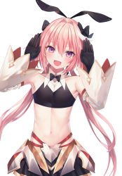  1boy abandon_ranka astolfo_(fate) astolfo_(saber)_(fate) black_bow black_gloves black_ribbon blush bow bowtie collarbone commentary_request detached_sleeves fang fate/grand_order fate_(series) gloves hair_bow hair_intakes hair_ribbon highres long_hair long_sleeves looking_at_viewer male_focus multicolored_hair navel pink_hair purple_eyes ribbon simple_background skin_fang skirt smile solo streaked_hair trap twintails white_background white_hair  rating:Sensitive score:10 user:danbooru