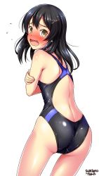 1girl artist_name ass back black_hair black_one-piece_swimsuit blush competition_swimsuit covering_privates covering_breasts cowboy_shot crossed_arms dated embarrassed flat_chest from_behind gluteal_fold hair_between_eyes hair_ornament hairclip highres kantai_collection long_hair looking_at_viewer looking_back multicolored_clothes multicolored_one-piece_swimsuit multicolored_swimsuit nose_blush one-piece_swimsuit open_mouth oyashio_(kancolle) shiny_skin shiny_swimsuit simple_background solo standing sweatdrop swimsuit tearing_up tears tsuchimiya wavy_hair wavy_mouth white_background yellow_eyes rating:Sensitive score:26 user:danbooru