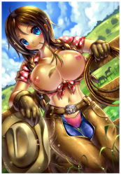 1girl blue_eyes blush braid breasts breasts_out brown_hair cameltoe chaps cowboy_hat dutch_angle eyebrows female_focus fence gloves hat looking_at_viewer mouth_hold navel nipples original outdoors panties plaid smile solo standing twin_braids underwear rating:Questionable score:21 user:lkjh098