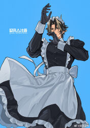  1boy arknights arm_up artist_name back_bow black_dress black_hair blonde_hair blue_background bow chinese_commentary chong_yue_(arknights) commentary_request cowboy_shot crossdressing dragon_boy dragon_horns dress hand_up highres horns juliet_sleeves long_hair long_sleeves looking_at_viewer maid maid_headdress male_focus multicolored_hair natsushio_(x2i2a) parted_lips pointy_ears puffy_sleeves red_eyes simple_background solo streaked_hair twitter_username weibo_watermark white_bow 
