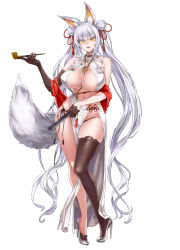 1girl absurdly_long_hair animal_ear_fluff animal_ears asanagi bare_shoulders between_breasts black_gloves blush breasts chinese_clothes cleavage curvy double_bun dress folding_fan fox_ears fox_girl fox_tail full_body gloves hair_bun hand_fan high_heels highres holding kiseru large_breasts long_hair looking_at_viewer navel open_mouth original panties pelvic_curtain revealing_clothes ribbon shoes simple_background skindentation smile smoking_pipe solo standing string_panties tail thick_thighs thighhighs thighs underwear very_long_hair white_background white_dress wide_hips yellow_eyes rating:Sensitive score:120 user:danbooru