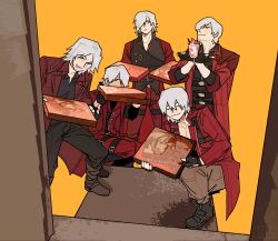  5boys aged_down aged_up belt_bra black_gloves blue_eyes boots capcom coat dante_(devil_may_cry) devil_may_cry devil_may_cry_(series) devil_may_cry_1 devil_may_cry_2 devil_may_cry_3 devil_may_cry_4 devil_may_cry_5 facial_hair fingerless_gloves food gloves hair_over_one_eye highres holding holding_food holding_pizza long_hair looking_at_viewer male_focus mature_male multiple_boys muscular muscular_male pizza pizza_box pizza_delivery red_coat smile white_hair zmlskr 