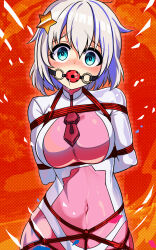  1girl ball_gag bdsm blue_eyes blush bodysuit bondage bound bound_arms breasts chikyuu_boueitai_star_guardians covered_navel gag gagged hair_ornament highres holding_breath large_breasts looking_at_viewer magical_girl porin_(chikyuu_boueitai_star_guardians) restrained rope shibari shiny_clothes short_hair skin_tight solo star_(symbol) star_hair_ornament star_pearl tied_up_(nonsexual) white_hair yasume_yukito 