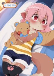  1boy 1girl :o animal_ears bed bed_sheet black_thighhighs blue_shorts blush body_fur brown_hair camisole commentary dagashi_(daga2626) furry furry_female furry_male highres holding holding_stuffed_toy loli lying medium_hair momo-chan_(dagasi) on_back on_bed original paw_print print_thighhighs red_eyes shorts striped_camisole stuffed_animal stuffed_toy tail teddy_bear thighhighs thighs time_stop two-tone_fur white_fur yellow_camisole 