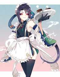  1boy absurdres apron ass back_bow black_gloves black_hair black_sclera black_thighhighs blue_dress blue_eyeliner blue_sleeves border bow china_dress chinese_clothes colored_sclera crossdressing cup detached_sleeves dress eyeliner frilled_apron frilled_headwear frilled_sleeves frills girly_boy gloves hair_clipper hair_ornament hairclip hand_on_own_hip hannya hannya_(onmyoji) highres holding holding_plate holding_plater long_hair long_sleeves looking_at_viewer maid maid_apron maid_headdress makeup male_focus male_maid moto_mitsuashi onmyoji pink_eyes plate pointy_ears ponytail sidelocks smile snake tagme thigh_squish thighhighs trap white_apron white_border white_headdress 