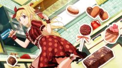  1girl 22/7 22/7_ongaku_no_jikan :p alternate_hair_ornament blonde_hair cake candy chocolate chocolate_bar chocolate_cake chocolate_making cowboy_shot dress dutch_angle food frilled_dress frills from_below fujima_sakura game_cg hairband hands_up heart-shaped_cookie highres holding holding_chocolate holding_food holding_whisk indoors kitchen leg_up lens_flare long_hair macaron non-web_source official_art purple_eyes red_dress red_footwear red_hairband red_ribbon red_wrist_cuffs ribbon short_sleeves sidelocks single_hair_ring socks solo sparkle tongue tongue_out whisk white_socks wrist_cuffs 