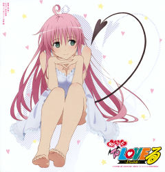  1girl ahoge barefoot blush breasts cleavage closed_mouth green_eyes lala_satalin_deviluke large_breasts long_hair official_art pink_hair scan smile solo tagme tail to_love-ru  rating:Sensitive score:29 user:siitake