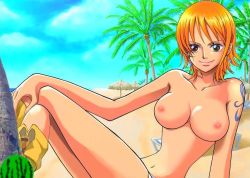      beach breasts brown_eyes earrings jewelry crossed_legs nami navel nipples nude nude_filter one_piece photoshop smile tattoo  rating:Questionable score:25 user:sytalidis