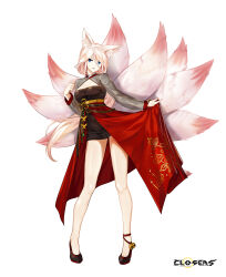  1girl absurdres alternate_hair_color animal_ear_fluff animal_ears ankle_bell black_dress black_footwear blue_eyes breasts cleavage cleavage_cutout closers clothing_cutout copyright_name dress embarrassed fingernails fox_ears fox_girl fox_tail full_body hand_up high_heels highres kitsune kyuubi large_breasts layered_dress legs_apart logo long_fingernails long_hair long_sleeves looking_at_viewer low_ponytail multiple_tails official_art open_mouth overskirt pigeon-toed pink_tail red_dress see-through see-through_sleeves skirt_hold solo standing sweat tachi-e tail two-tone_dress violet_(closers) wedge_heels white_background white_hair  rating:Sensitive score:3 user:danbooru