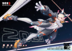  1girl :o armor armpits blonde_hair bodysuit breasts floating gloves high_heels highres large_breasts leotard looking_at_viewer mar10 mecha_musume new_year rabbit_ears red_eyes skin_tight solo space waist_cutout zero_gravity  rating:Sensitive score:2 user:enderknight644