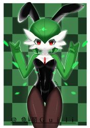  1girl absurdres animal_ears artist_name bare_shoulders breasts checkered_background cleavage collarbone colored_skin creatures_(company) double_v fake_animal_ears fishnets game_freak gardevoir gen_3_pokemon green_hair green_skin gui_li highres leotard looking_at_viewer medium_breasts multicolored_skin nintendo pokemon pokemon_(creature) red_eyes short_hair smile two-tone_skin v 