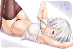 1girl armpits artist_name black_panties blue_eyes blush breasts brown_pantyhose cleavage commentary_request covered_erect_nipples crop_top eyelashes eyes_visible_through_hair fingernails hair_ornament hair_over_one_eye hairclip hamakaze_(kancolle) hand_up highres kantai_collection large_breasts long_fingernails lying midriff navel on_back open_mouth panties pantyhose see-through shiny_clothes shiny_skin shirt short_hair silver_hair sleeveless solo stomach teeth tokito_yu underwear wet wet_clothes wet_shirt white_shirt rating:Explicit score:31 user:danbooru