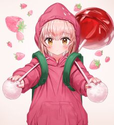  1girl absurdres backpack bag blush brown_eyes candy cookie_run drawstring drawstring_pull food fruit highres hood hood_up hoodie lessa lollipop long_sleeves looking_at_viewer nail_polish oversized_food oversized_object pink_hair pom_pom_(clothes) solo strawberry strawberry_cookie 