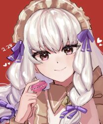  1girl braid commentary fire_emblem fire_emblem:_three_houses fire_emblem_heroes food hair_ribbon highres holding holding_food leon0630claude looking_at_viewer lysithea_von_ordelia macaron maid maid_headdress nintendo official_alternate_costume official_alternate_hairstyle purple_ribbon red_background ribbon smile solo twin_braids upper_body white_hair 