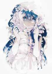  1girl blue_eyes collarbone dress elbow_gloves flower gloves hood hood_up looking_to_the_side md5_mismatch migolu open_mouth original short_hair simple_background solo upper_body white_background white_dress white_gloves white_hair 