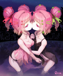  1boy 1girl androgynous artist_name bad_anatomy bad_id bad_pixiv_id black_panties breasts brother_and_sister cleavage couple double_bun eye_contact hair_ornament hair_ribbon hairclip holding_hands heart incest kiss looking_at_another multiple_girls mutual_masturbation navel original panties penis pink_eyes pink_hair pink_panties ribbon riccae short_hair siblings trap twincest twins underwear  rating:Explicit score:131 user:danbooru