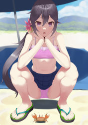 10s 1girl akebono_(kancolle) beach beach_umbrella bell bikini blue_sky blush chestnut_mouth cloud collarbone commentary_request crab day feet flip-flops flower hair_bell hair_flower hair_ornament highres hill jingle_bell kantai_collection long_hair looking_at_viewer miniskirt navel open_mouth outdoors panties pantyshot pink_bikini pink_panties pleated_skirt purple_eyes purple_hair sai_(saikun) sandals skirt sky solo squatting swimsuit toes towel umbrella underwear upskirt very_long_hair rating:Questionable score:153 user:danbooru