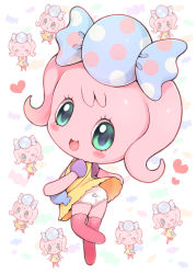  1girl blush_stickers candy_pakupaku dress green_eyes happy heart highres loli open_mouth panties shiny_skin tamagotchi thighhighs underwear  rating:Questionable score:10 user:Choc_Zone