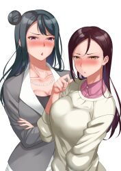  2girls absurdres bead_necklace beads blue_hair blush breasts brown_hair chestnut_mouth chishio_(onoderayui) cleavage collarbone collared_shirt commentary_request crossed_arms dark_blue_hair furrowed_brow hair_bun highres jewelry large_breasts long_hair long_sleeves looking_at_viewer love_live! love_live!_sunshine!! mature_female multiple_girls necklace parted_bangs purple_eyes sakurauchi_riko&#039;s_mother shirt simple_background single_hair_bun single_side_bun sweater tsushima_yoshiko&#039;s_mother upper_body white_background white_sweater yellow_eyes 