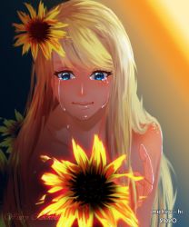  1girl blonde_hair blue_eyes crying crying_with_eyes_open flower fullmetal_alchemist hair_flower hair_ornament highres long_hair looking_down smile tears winry_rockbell  rating:Questionable score:3 user:pelo1007