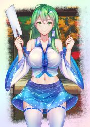 1girl bare_shoulders blue_skirt blush breasts cleavage clenched_hands collared_shirt cropped_shirt detached_sleeves frog_hair_ornament green_eyes green_hair hair_between_eyes hair_ornament hair_tubes hands_up happy highres kochiya_sanae large_breasts long_hair looking_at_viewer medium_skirt midriff navel nontraditional_miko puck100ml ribbon-trimmed_thighhighs ribbon_trim shirt skirt smile solo standing thighhighs thighs touhou very_long_hair white_shirt wide_sleeves rating:General score:12 user:danbooru