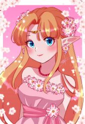  1girl bead_necklace beads blonde_hair blue_eyes blush border breasts cherry_blossoms closed_mouth commentary curtained_hair dress english_commentary eyelashes gradient_background hair_intakes highres jewelry long_hair looking_at_viewer medium_breasts necklace nintendo nonoworks outside_border pink_background pink_dress pointy_ears princess_zelda simple_background smile solo strapless strapless_dress the_legend_of_zelda the_legend_of_zelda:_a_link_to_the_past upper_body white_border 
