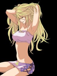  1girl arms_behind_head arms_up blonde_hair breasts closed_eyes highres large_breasts midriff milla_maxwell navel strapless tales_of_(series) tales_of_xillia tube_top  rating:Questionable score:24 user:DaMuffinMan