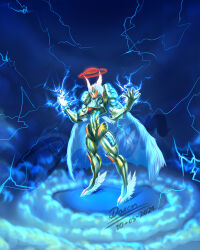 cape digimon digimon_(creature) electricity halo jupitermon looking_at_viewer wings